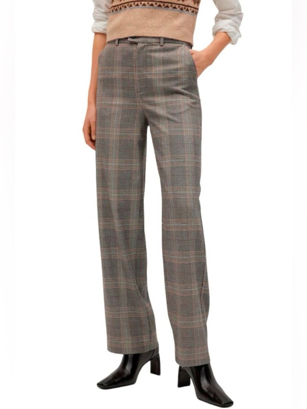 Mango Plaid Straight-Leg Trousers in Gray and Brown